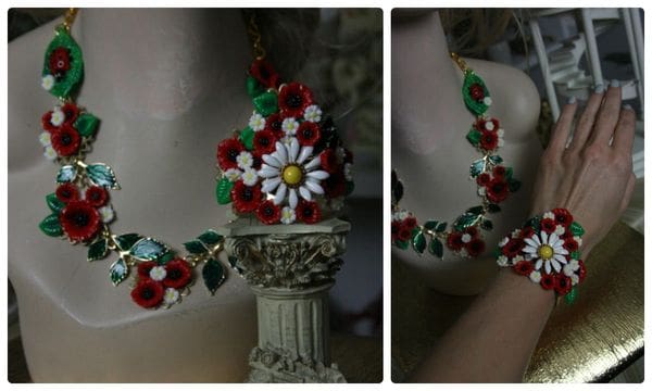 A collage of two pictures with a necklace