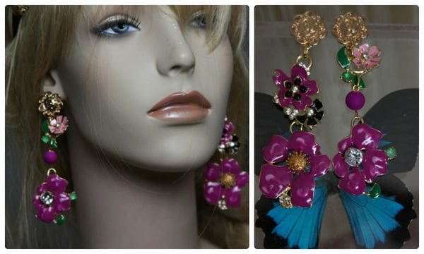 A collage of photos with a mannequin wearing earrings.