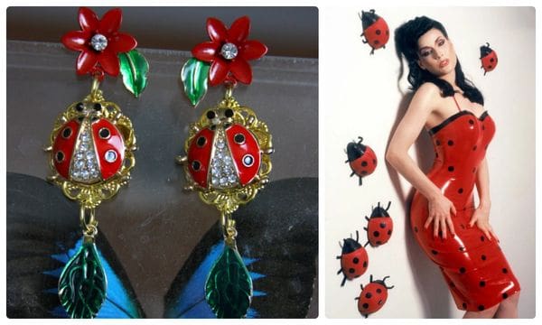 A lady bug earring and a woman in red lingerie.