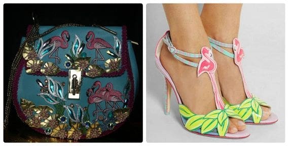 A purse and shoes with flamingos on them