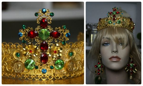 A collage of photos with a crown and earrings.
