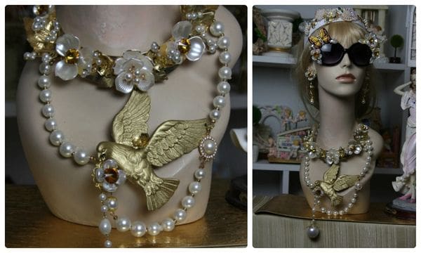 A collage of two pictures with a bird and pearls.