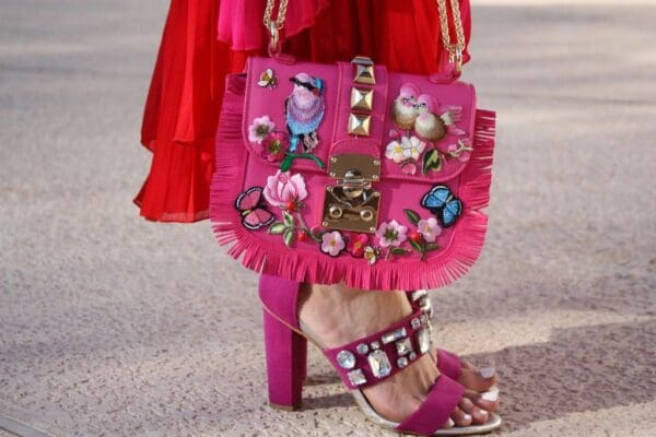 SOLD! 1390 Fringe Drew Fuchsia Bird Rose Embellished Handbag Crossbody