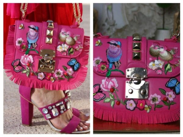 SOLD! 1390 Fringe Drew Fuchsia Bird Rose Embellished Handbag Crossbody - Image 2
