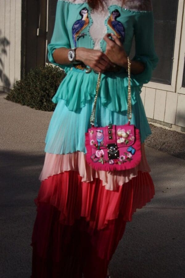 SOLD! 1390 Fringe Drew Fuchsia Bird Rose Embellished Handbag Crossbody - Image 3