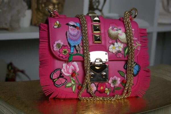 SOLD! 1390 Fringe Drew Fuchsia Bird Rose Embellished Handbag Crossbody - Image 5