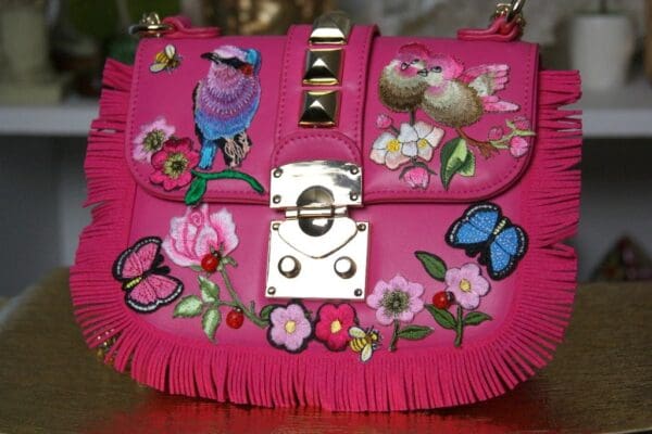 SOLD! 1390 Fringe Drew Fuchsia Bird Rose Embellished Handbag Crossbody - Image 6