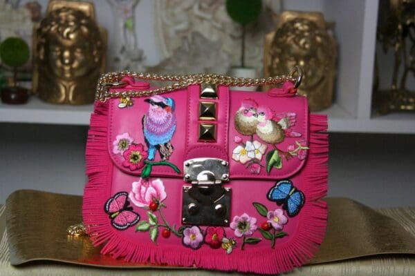 SOLD! 1390 Fringe Drew Fuchsia Bird Rose Embellished Handbag Crossbody - Image 7