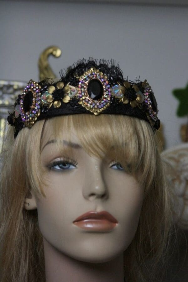 SOLD! 1396 Baroque Black Crystal Gold Flower Lace Headband - Image 2