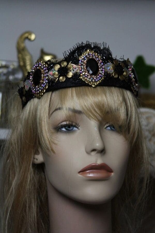 SOLD! 1396 Baroque Black Crystal Gold Flower Lace Headband - Image 6