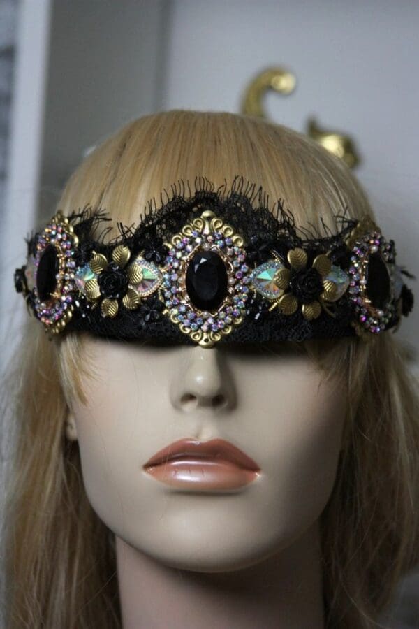 SOLD! 1396 Baroque Black Crystal Gold Flower Lace Headband - Image 3