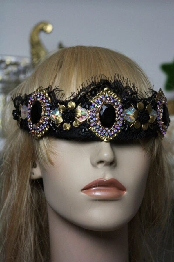 SOLD! 1396 Baroque Black Crystal Gold Flower Lace Headband - Image 5