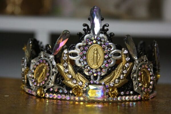 SOLD! 1397 Baroque Virgin Mary Coin Crystal Black Headband