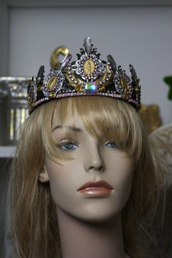SOLD! 1397 Baroque Virgin Mary Coin Crystal Black Headband - Image 3
