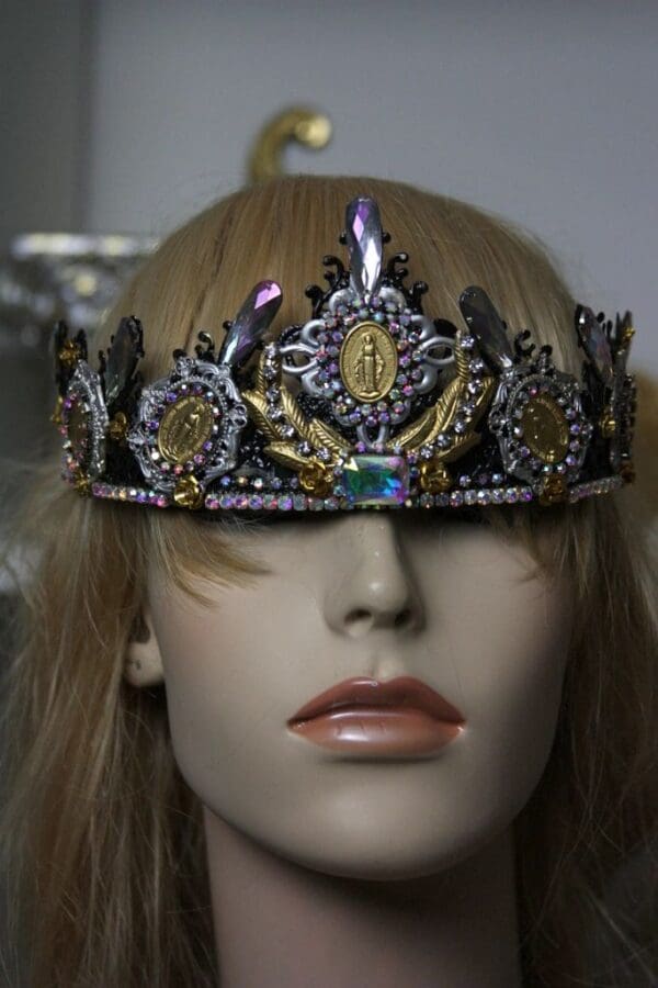 SOLD! 1397 Baroque Virgin Mary Coin Crystal Black Headband - Image 6