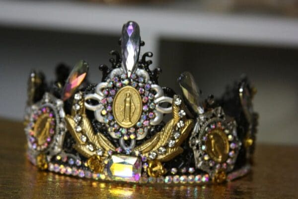 SOLD! 1397 Baroque Virgin Mary Coin Crystal Black Headband - Image 4