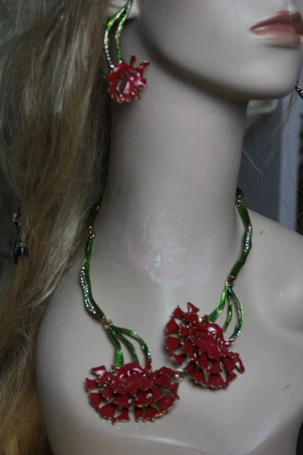 SOLD! 1398 Enamel Designer Carnation Set Necklace Plus Earrings - Image 2