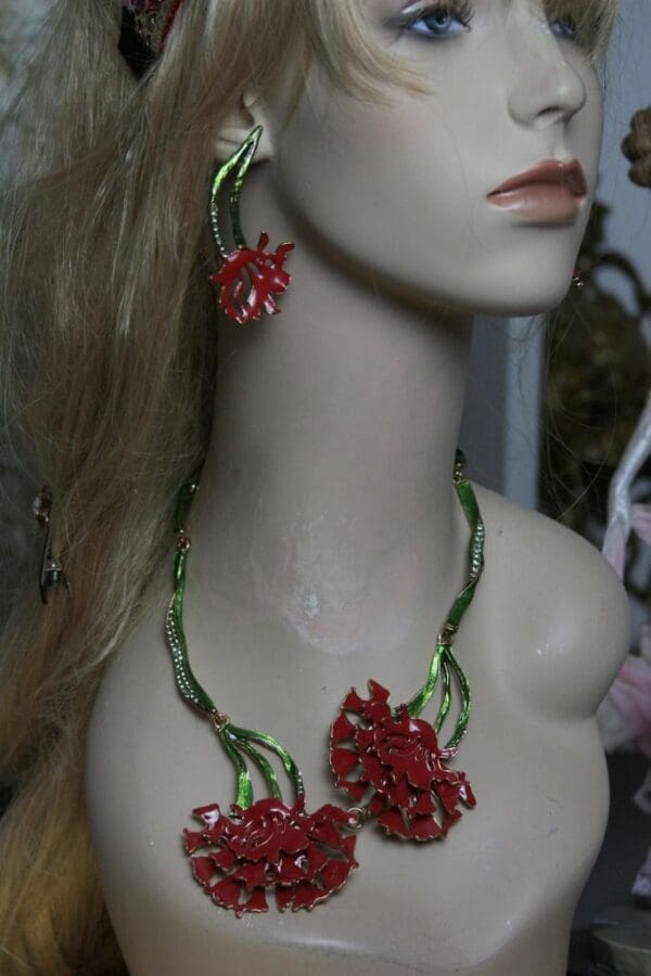 SOLD! 1398 Enamel Designer Carnation Set Necklace Plus Earrings - Image 3