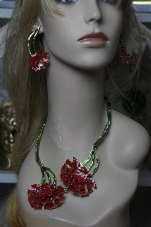 SOLD! 1398 Enamel Designer Carnation Set Necklace Plus Earrings - Image 4