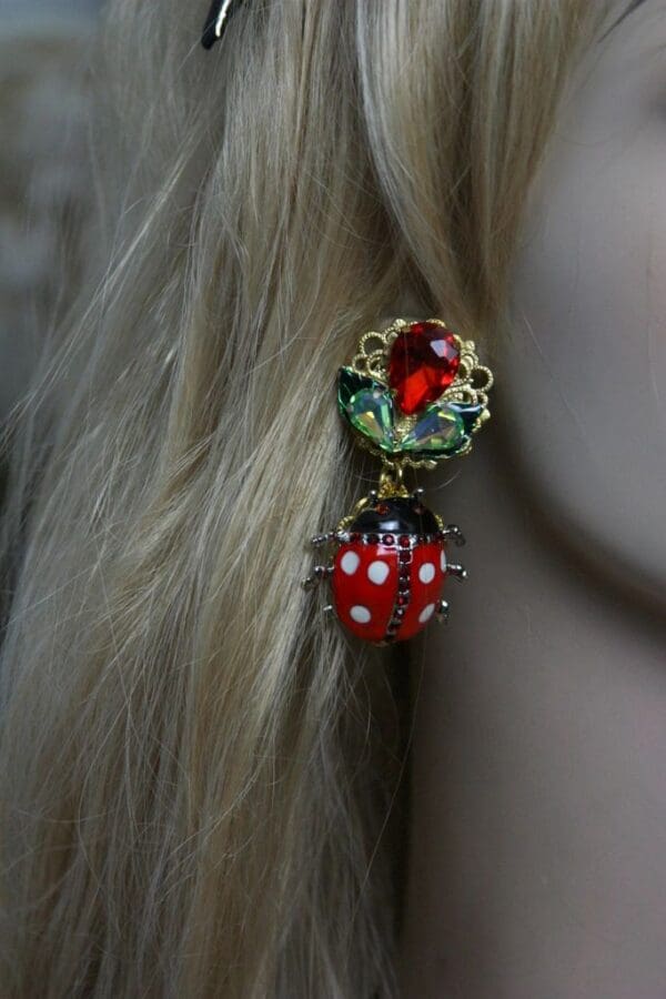 SOLD! 1406 Designer Inspired Baroque Ladybug Crystal Earrings Studs - Image 2
