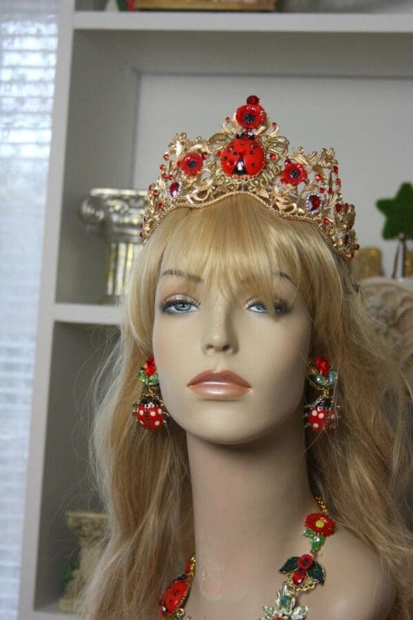 SOLD! 1408 Baroque Designer Inspired Ladybug Crystal Poppy Crown - Image 6