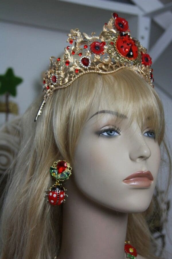 SOLD! 1408 Baroque Designer Inspired Ladybug Crystal Poppy Crown - Image 2