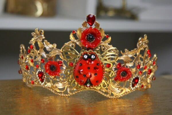SOLD! 1408 Baroque Designer Inspired Ladybug Crystal Poppy Crown - Image 3