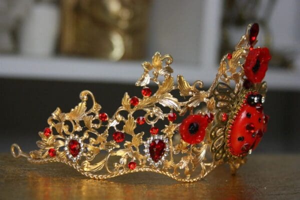 SOLD! 1408 Baroque Designer Inspired Ladybug Crystal Poppy Crown - Image 4