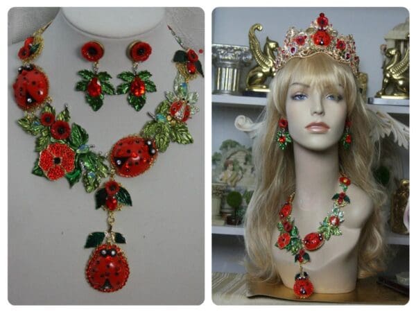 SOLD! 1409 Designer Inapired Baroque Ladybug Enamel Poppy Leaf Stunning Massive SET