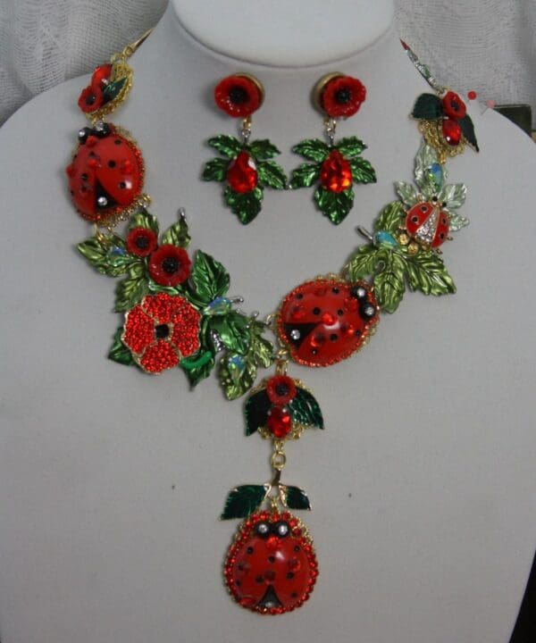 SOLD! 1409 Designer Inapired Baroque Ladybug Enamel Poppy Leaf Stunning Massive SET - Image 2