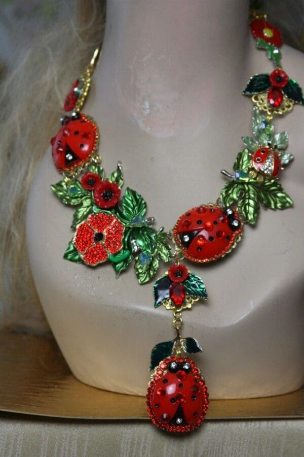 SOLD! 1409 Designer Inapired Baroque Ladybug Enamel Poppy Leaf Stunning Massive SET - Image 3