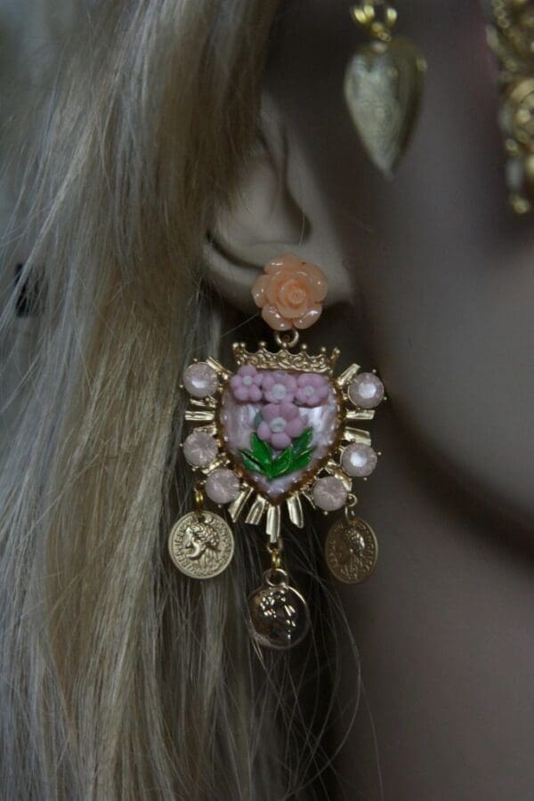 SOLD!1417 Designer Inspired Baroque Pale Pink Coin Heart Earrings - Image 2