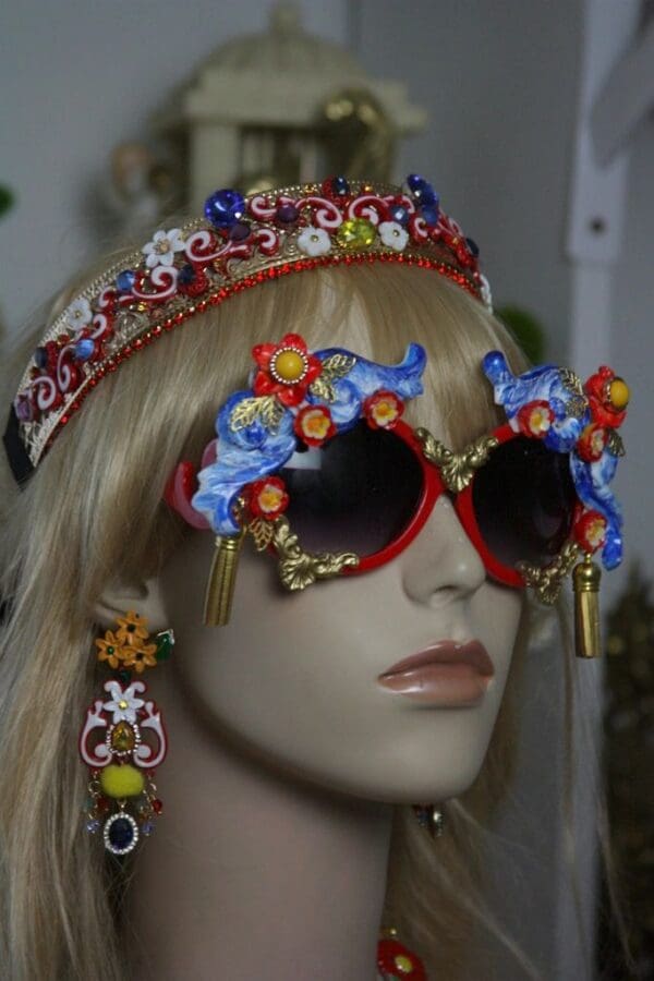 SOLD!1411 Baroque Designer Inspired Blue Red Gold Tassel Embellished Sunglasses - Image 4