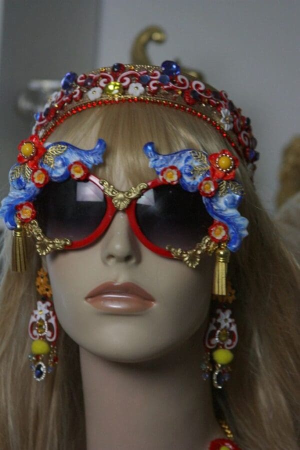 SOLD!1411 Baroque Designer Inspired Blue Red Gold Tassel Embellished Sunglasses - Image 5