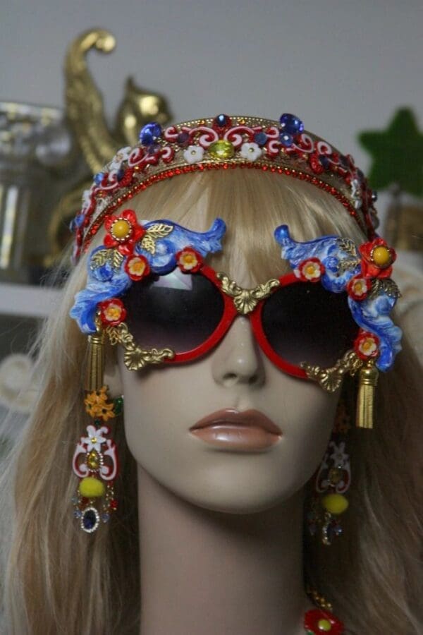 SOLD!1411 Baroque Designer Inspired Blue Red Gold Tassel Embellished Sunglasses - Image 6