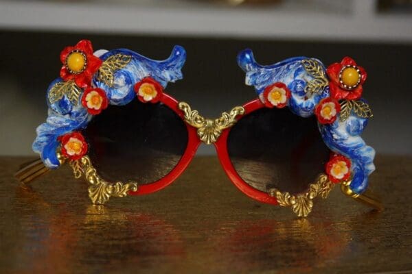 SOLD!1411 Baroque Designer Inspired Blue Red Gold Tassel Embellished Sunglasses - Image 7
