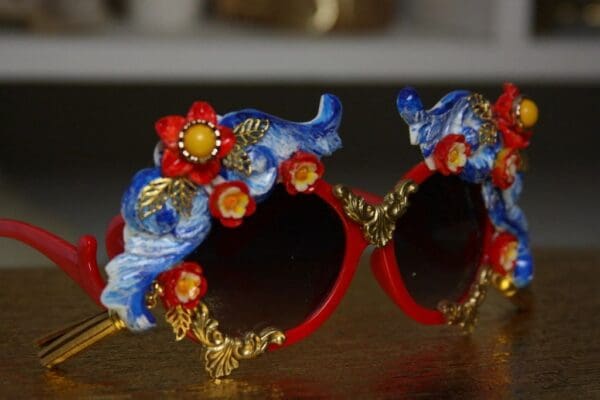 SOLD!1411 Baroque Designer Inspired Blue Red Gold Tassel Embellished Sunglasses - Image 8
