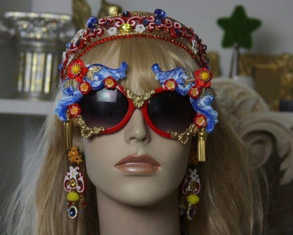 SOLD!1411 Baroque Designer Inspired Blue Red Gold Tassel Embellished Sunglasses - Image 9