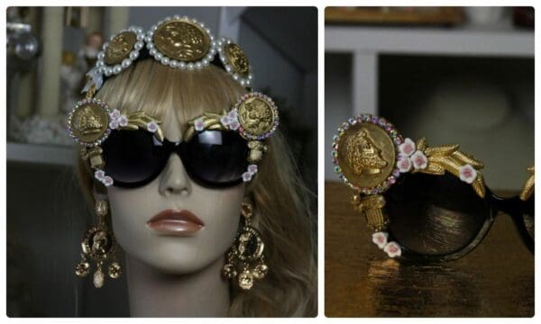 SOLD11428 Baroque Roman Coin Leaf Embellished Sunglasses - Image 6