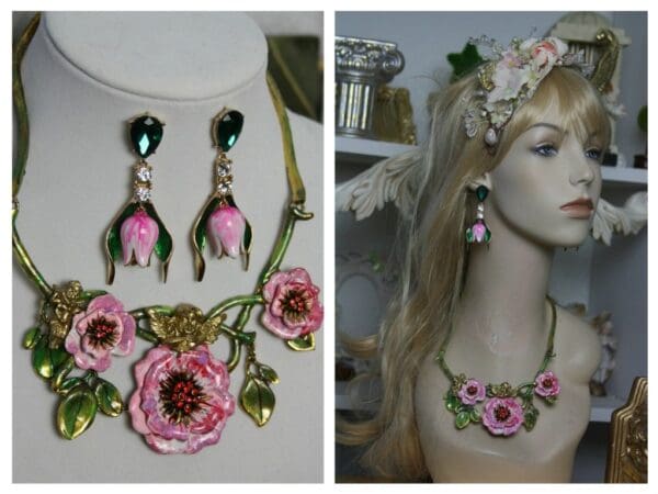 1461 SOLD! Hand Painted Cherub Baroque Enamel Flower SET