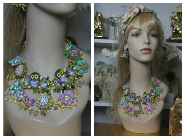 SOLD!1462 Art Nouveau Crystal Adorable Owl Clock Flower SET