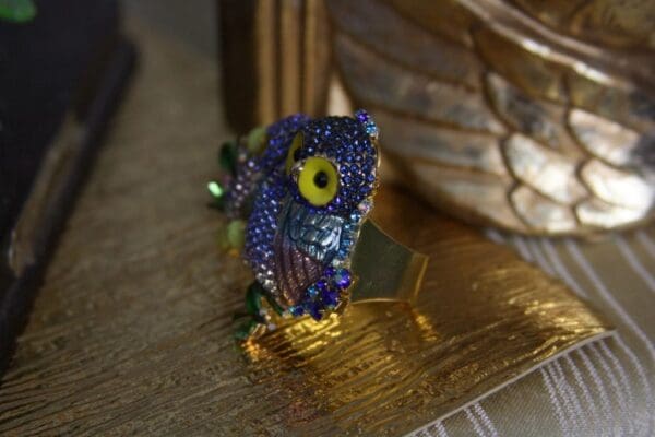 SOLD! 1463 Adorable Crystal Owl Adjustable Cocktail Double Ring - Image 6