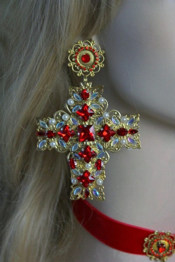 SOLD! 1464 Alta Moda 2016 Baroque Massive Filigree Cross Red Crystal Studs - Image 4