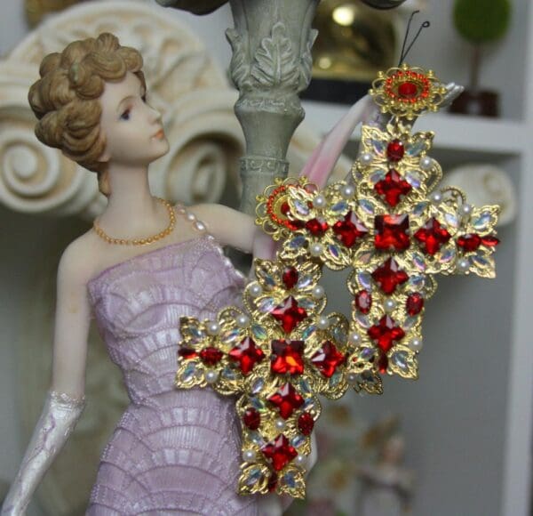 SOLD! 1464 Alta Moda 2016 Baroque Massive Filigree Cross Red Crystal Studs - Image 5