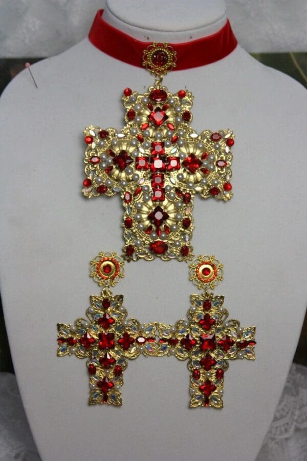 SOLD! 1464 Alta Moda 2016 Baroque Massive Filigree Cross Red Crystal Studs - Image 6