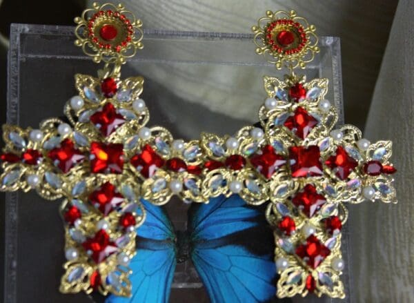 SOLD! 1464 Alta Moda 2016 Baroque Massive Filigree Cross Red Crystal Studs - Image 8