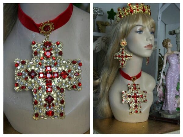 SOLD! 1465 Alta Moda Fall 2016 Baroque Huge Cross Velvet Red Crystal Choker