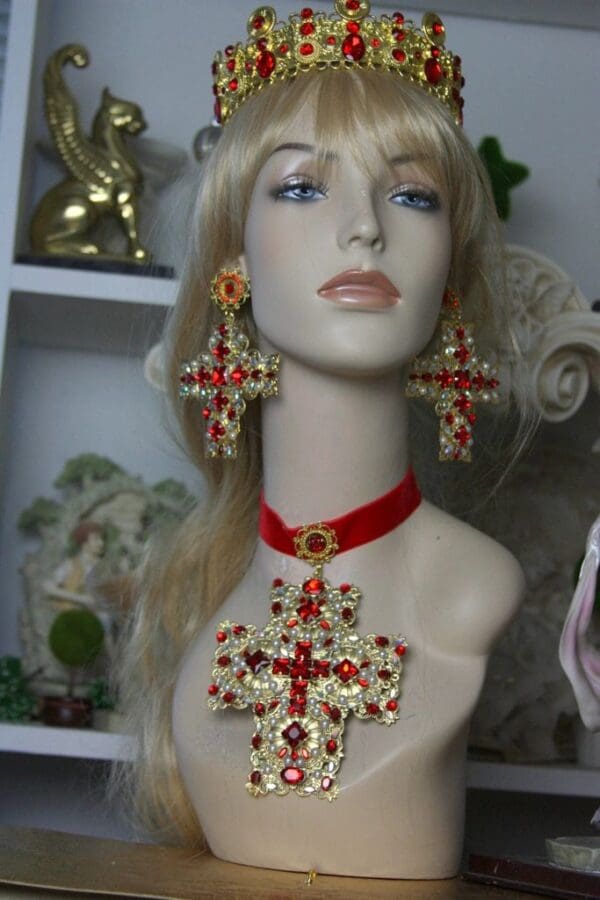 SOLD! 1465 Alta Moda Fall 2016 Baroque Huge Cross Velvet Red Crystal Choker - Image 5