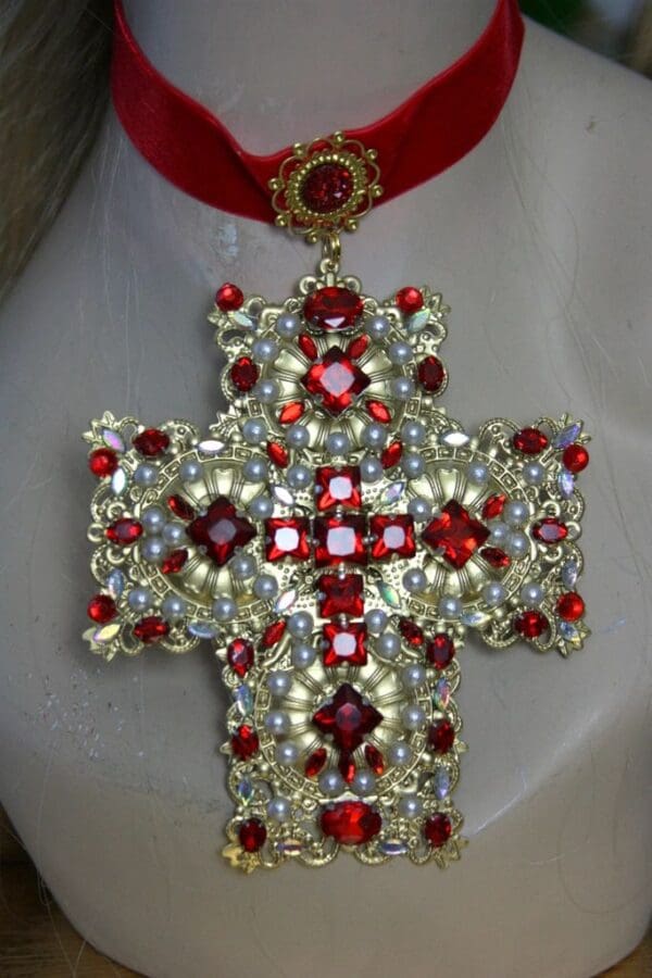 SOLD! 1465 Alta Moda Fall 2016 Baroque Huge Cross Velvet Red Crystal Choker - Image 3