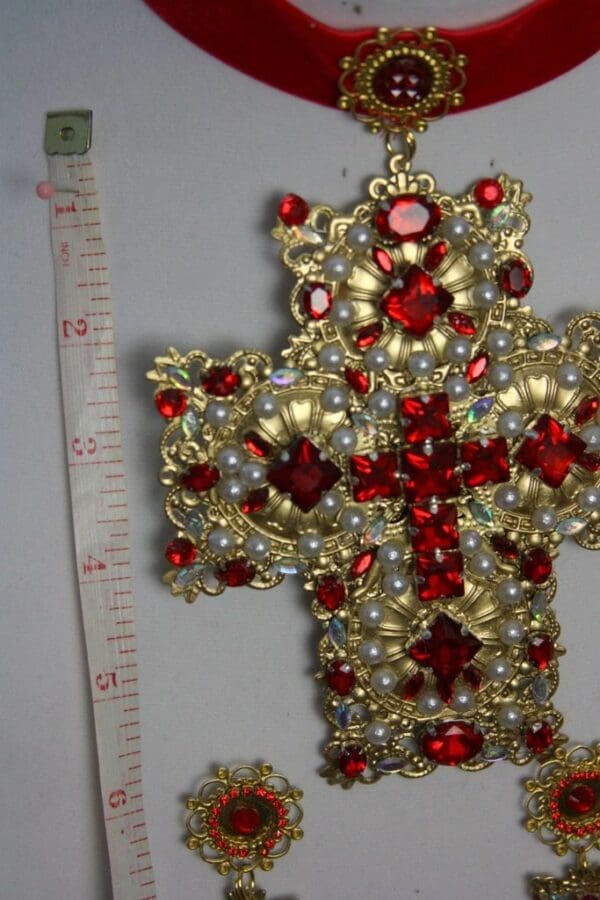 SOLD! 1465 Alta Moda Fall 2016 Baroque Huge Cross Velvet Red Crystal Choker - Image 4